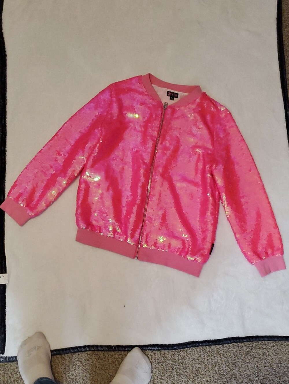 Girls' Pink Sequin Bomber Jacket - Sparkle Front Zip - Picture 8 of 9